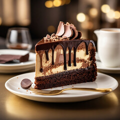 Indulge in decadent chocolate layered cake with rich ganache and caramel