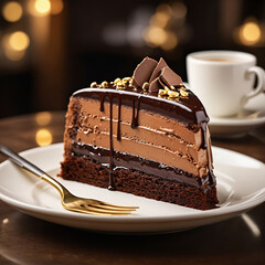 Indulgent chocolate cake slice with rich frosting and coffee in cozy cafe