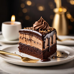 Indulgent chocolate cake slice with creamy frosting and rich ganache glaze