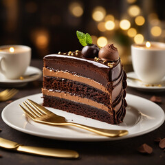 Indulgent chocolate cake slice with coffee and festive bokeh lights