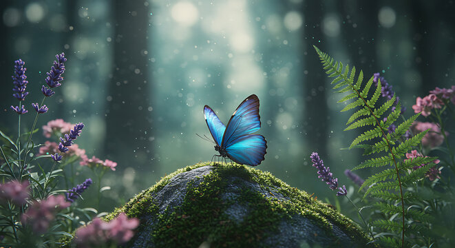 Beautiful blue butterfly perched on mossy rock in enchanting forest
