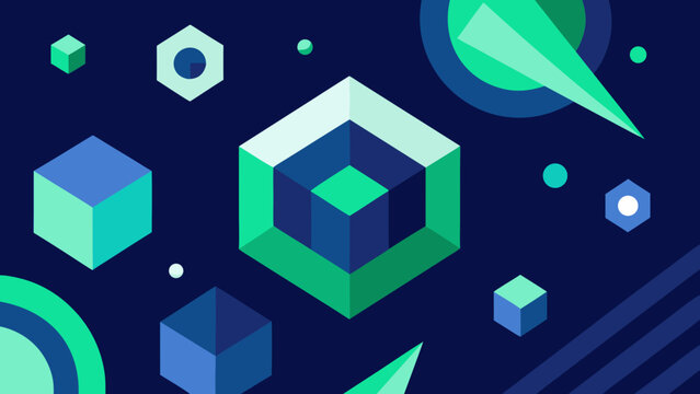 Dark Blue Background with Isometric Geometric Shapes in Teal and Blue