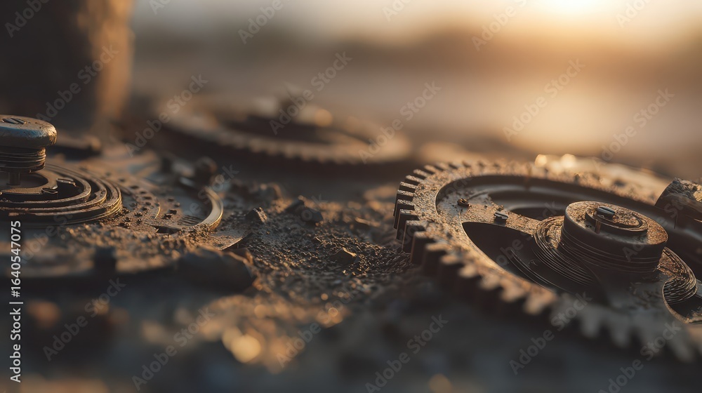 Poster close-up of intricate gears and cogs on a textured surface.