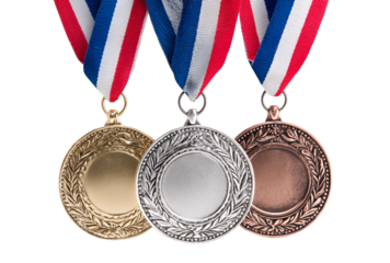 Gold silver and bronze medals with red white and blue ribbons isolated on transparent background