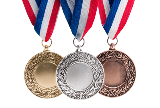 Gold silver and bronze medals with red white and blue ribbons isolated on transparent background