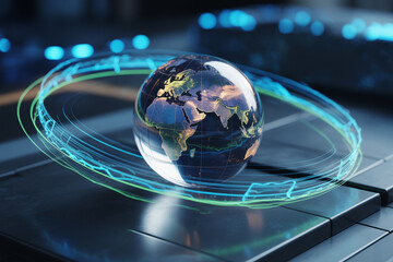 Transparent 3D globe surrounded by swirling glowing data streams and digital grids on a dark tech background (1)