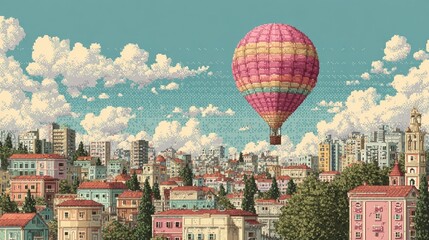 Pixel art cityscape with hot air balloon
