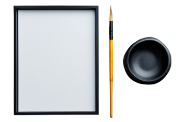 Empty black picture frame with a calligraphy brush and ink pot isolated on transparent background