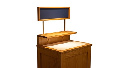 Wooden podium with sign and shelf isolated against white background studio shot