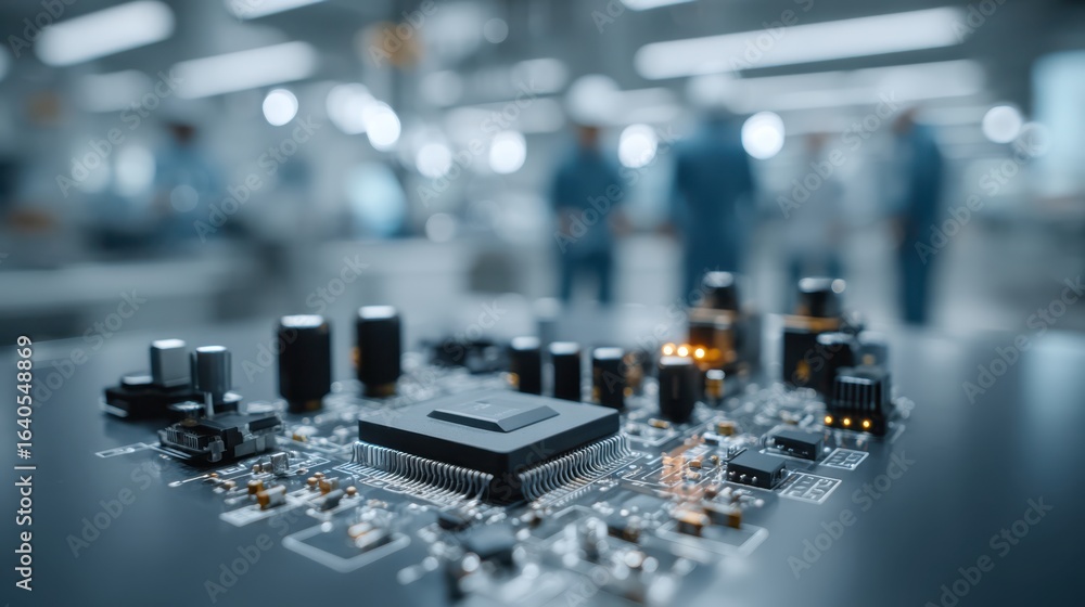 Poster a close-up of a microchip on a circuit board with blurred people working in the background, highligh