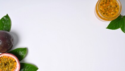 Vibrant passion fruit and jam with fresh green leaves, perfect for healthy recipes and exotic culinary inspiration.