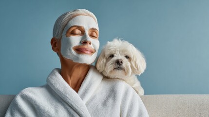 Relaxed Mature Woman with Face Mask and White Dog in Cozy Robe Authentic Self-Care Lifestyle Moment for Modern Wellness Marketing