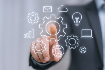 Businessman Interacting with Virtual Interface Displaying Gears and Business Icons, Representing Strategy and Innovation