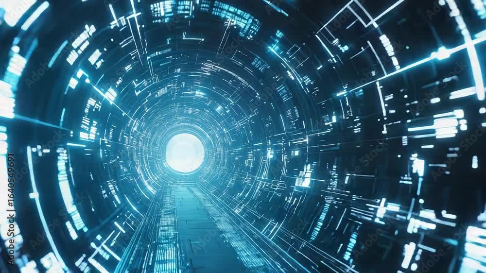Aufkleber futuristic tunnel with glowing lines and data stream is leading to the light