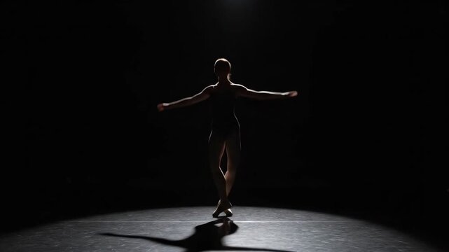 Ballet Dancer Silhouette Grand Jet&eacute; - The silhouette of a ballerina performing a grand jet&eacute; is dramatically lit from above on a dark stage.
