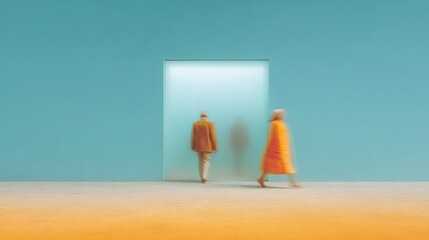 Obraz premium Modern Blurred Silhouettes in Minimalist Gallery Entrance Premium Authentic Corporate Lifestyle Visual for Creative Marketing Campaigns