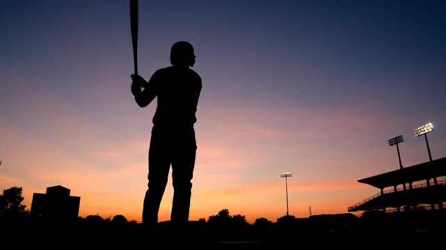Baseball Player Silhouette at Sunset - The silhouette of a baseball batter stands at home plate against a vibrant sunset sky. Stadium lights and a portion of the stands are visible in the background.
