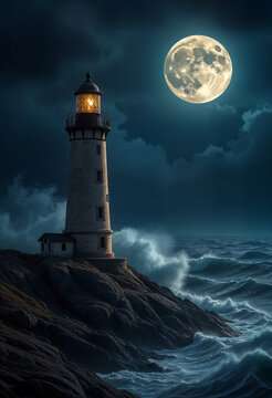 Painting of beautiful lighthouse light under a full moon and high tide. JPEG, 6.2MB, 11x16in, 3284x4800px, 300p/i