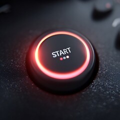 Illuminated start button glows, symbolizing initiation, progress, and activation on a dark surface.