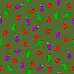 Seamless Pattern of Colorful Vegetables on Green Background. Seamless vegetable pattern with cucumber, eggplant, and bell pepper on green background.
