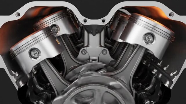 A close-up, slow-motion shot of a powerful engine with moving pistons and gears, a symbol of power, efficiency, and industrial engineering.