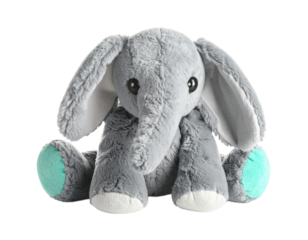 A soft plush elephant toy for a baby, featuring a gentle gray color and a friendly design, isolated on a white background.