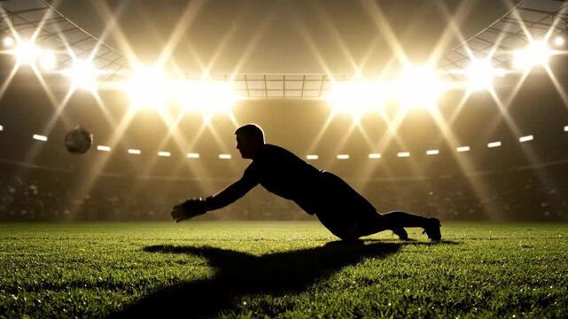 Goalkeeper Diving Save Under Stadium Lights - The silhouette of a soccer goalkeeper dramatically dives to make a save, illuminated by bright stadium floodlights.