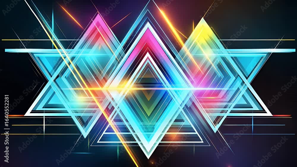 Poster abstract design featuring layered, glowing triangles in multiple colors, with light rays and geometr