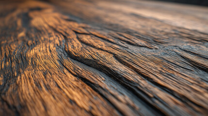 Close-up of weathered oak wood grain with deep grooves and warm amber tones