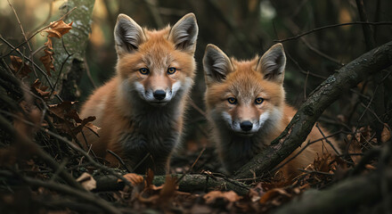 Obraz premium Two Fox Kits Resting Amid Forest Fallen Leaves and Twigs