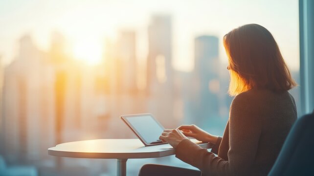 Professional woman working on tablet with golden city skyline view from window at sunrise or sunset symbolizing modern digital connectivity and remote business success