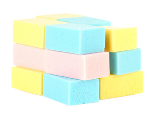 A collection of soft, colorful baby blocks, with different patterns and shapes, isolated on a white background.