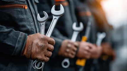 A close-up of hands holding various wrenches, showcasing the tools of skilled workers ready for mechanical tasks in an industrial setting.
