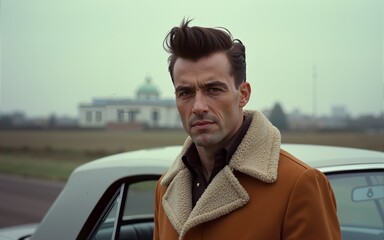 A man with a vintage pompadour hairstyle, dressed in a retro jacket and standing confidently by a classic car. High quality