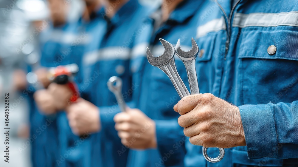 Poster a group of workers in blue uniforms hold various tools, showcasing their readiness for mechanical ta