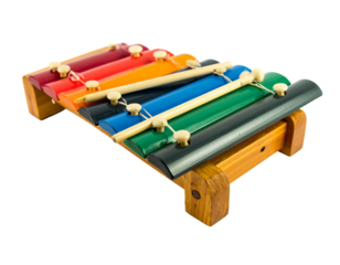 A colorful baby xylophone toy with metal keys and a mallet, designed for musical learning, isolated on a white background.