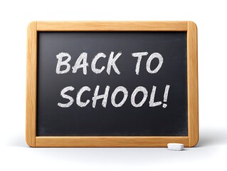 Obraz premium A blackboard with the words back to school written in chalk, isolated on a white background with a piece of chalk nearby