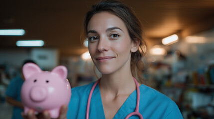 Smiling nurse holds pink piggy bank while standing in medical environment.