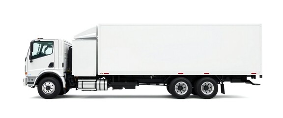 Clean white box truck with dual rear axles isolated on white background