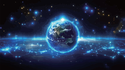 Obraz premium A blue planet with a bright light shining on it. The planet is surrounded by a network of stars