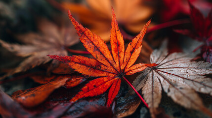 Freshly fallen autumn leaves with crisp edges and vibrant red-orange hues 