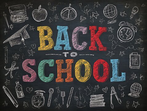 Back to school chalk drawing on a blackboard with various school supplies and educational symbols, celebrating the start of the academic year - Powered by Adobe