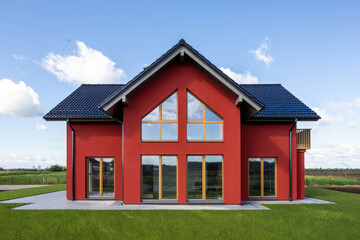 Fototapeta premium Modern red house with large windows and a dark roof, set against a blue sky with clouds and green lawn