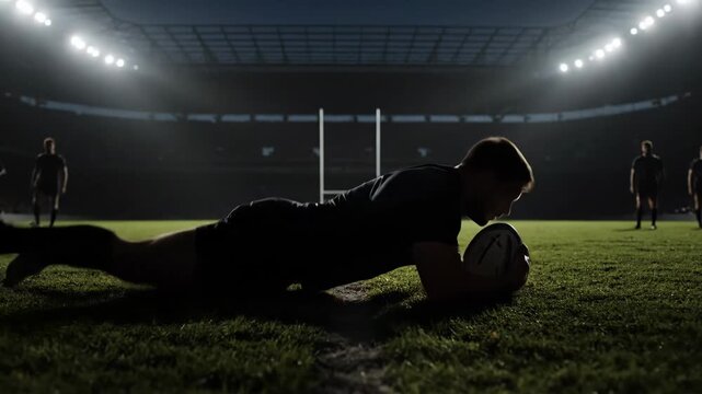 Rugby Player Scoring Try at Night - Silhouette of a rugby player diving dramatically to score a try under the bright stadium lights.