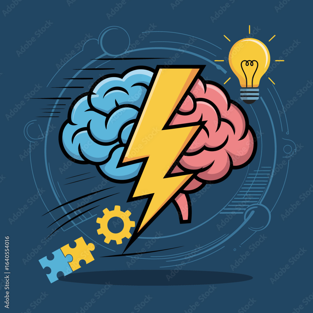 Poster conceptual illustration of the human brain divided into two hemispheres symbolizing creativity and l