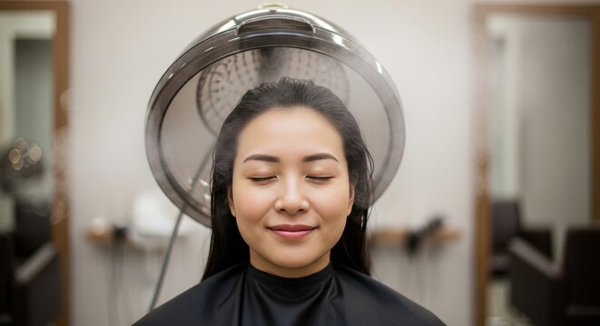 Woman relaxes with eyes closed during hair steaming process.