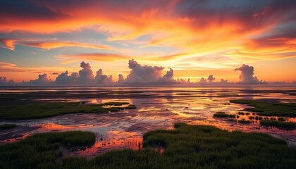 Coastal wetland at sunset, reflecting sky and clouds,  natural,  wildlife