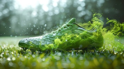 Fototapeta premium A green soccer shoe on grass with green smoke around it
