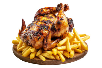 Juicy roasted whole roasted chicken placed on pile of French fries, isolated on white transparent background, concept of fast food