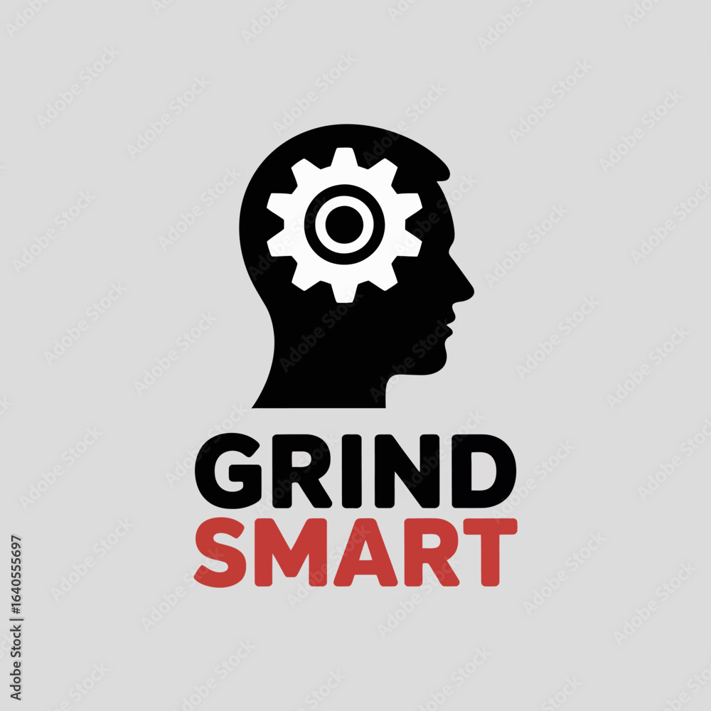 Poster silhouette of a human head with a gear inside representing the mind and the words grind smart below 